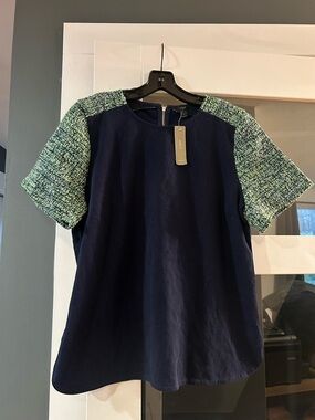 J. Crew Navy Short-Sleeve Top with Green Tweed Accents